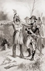 Tecumseh repreende o general Proctor por recuar durante a Batalha do Tamisa, também conhecida como a Batalha de Moraviantown, que fazia parte da Guerra de 1812, de The History of Our Country, publicada em 1905 (lit